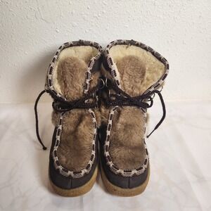 VTG‎ Snowland Winter Boots Women's 6 Brown Sherpa Wedge Faux Fur Moccasin Style